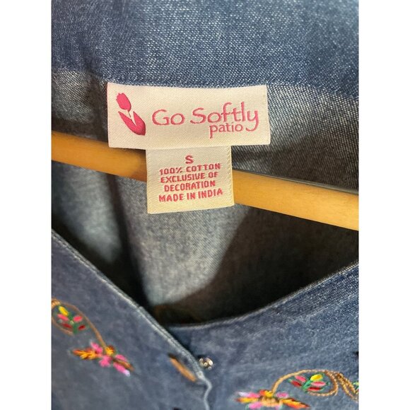 Go Softly Patio Blue Denim Half Sleeve Button Down Embroidered Dress SZ Small - Picture 6 of 7
